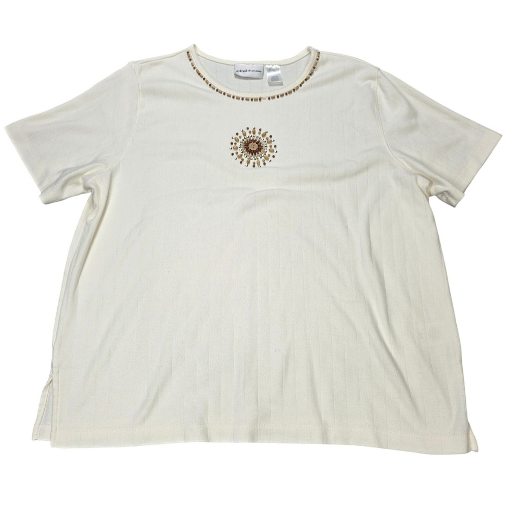 Alfred Dunner Ribbed Beaded Sunburst‎ Short Sleeve Knit Top Women's Size L Cream